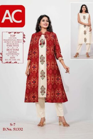 Red Cotton Traditional Print Kurti Set with Attached Jacket & Natural Cotton Pant