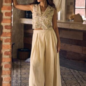 Beige Floral Embroidered Crop Vest & Wide Leg Palazzo Set