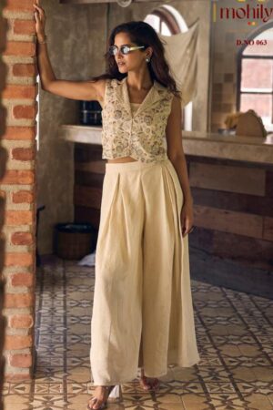Beige Floral Embroidered Crop Vest & Wide Leg Palazzo Set