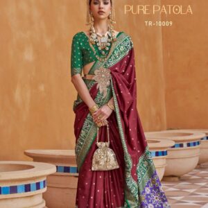 Printed Patola Style Saree – Maroon & Green Traditional Designer Saree Set