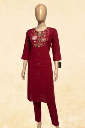 Maroon Floral Embroidered Straight Kurta with Slim Pant | 2-Piece Women's Ethnic Co-ord Set