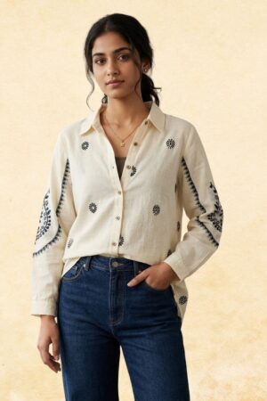 Ivory Embroidered Linen Shirt — Women's Boho Block Print Button-Down Top
