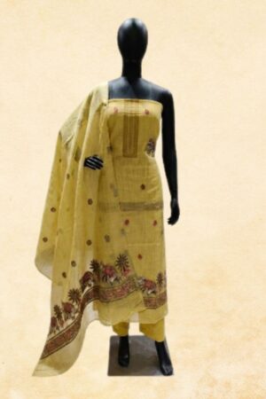 Mustard Yellow Jamdani Resham Thread Work Unstitched Dress Material with Kalamkari Border Dupatta
