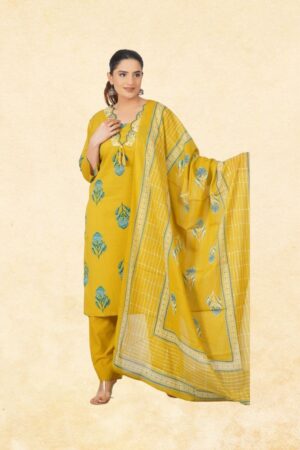 Mustard Yellow Pure Cotton 3-Piece Block Print Kurta Set with Teal Floral Bootis & Checkered Dupatta