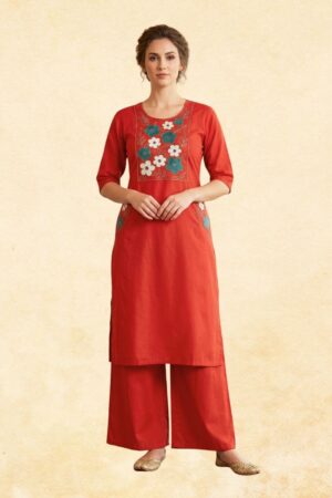 Rust Red Dabu Cotton 2-Piece Kurta Palazzo Set with Teal & White Floral Applique Embroidery & Pocket Detail