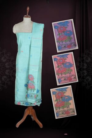 Aqua Blue Jamdani Linen Unstitched Dress Material with Resham Thread Lotus Bloom Motif & Scroll Border — 3 Piece Set