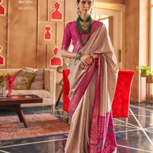 Printed Patola Style Saree – Beige & Pink Elegant Designer Saree Set