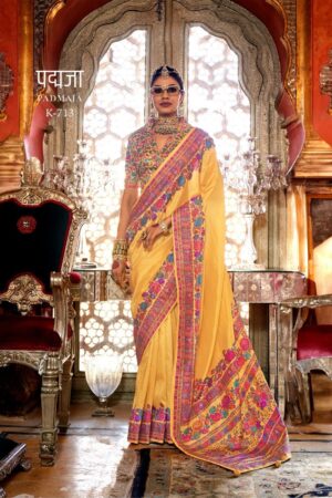 Padmaja Designer Patola Silk Saree – Sunshine Yellow Floral Printed Traditional Saree Set