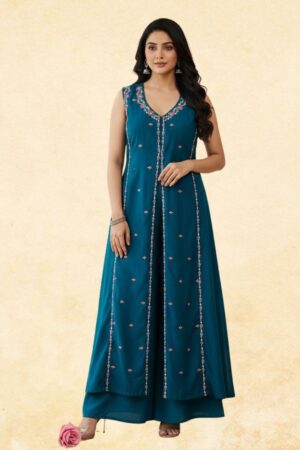 Teal Blue Floral Embroidered Sleeveless Anarkali Kurta with Palazzo | 2-Piece Women's Ethnic Set