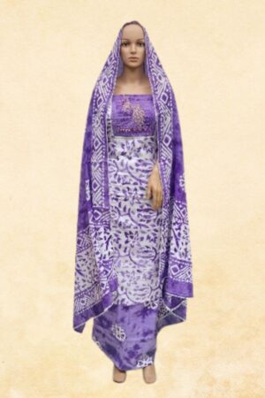 Purple & White Cotton Batik Print Unstitched Dress Material with Embellished Neck & Matching Batik Dupatta