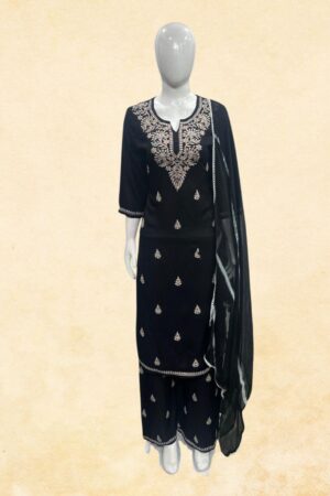 Black Rayon 3-Piece Lucknowi Chikankari Kurta Sharara Set with Chiffon Dupatta