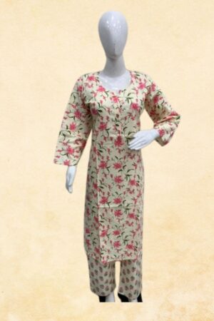 Sage Green Pure Cotton 2-Piece Tone-on-Tone Floral Block Print Kurta Set with Notch Neck & Printed Pant