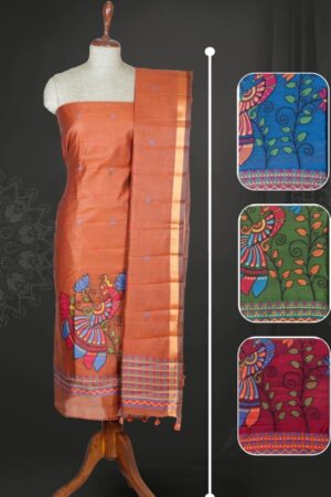 Rust Brown Jamdani Linen Unstitched Dress Material with Resham Thread Madhubani Peacock & Tree Motif & Gold Zari Border — 3 Piece Set