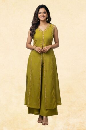 Olive Green Floral Embroidered Sleeveless Anarkali Kurta with Palazzo | 2-Piece Women's Ethnic Set
