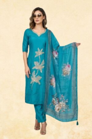Teal Blue Roman Silk 3-Piece Kurta Set with Large Floral Embroidery & Printed Dupatta