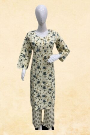 Cream Pure Cotton 2-Piece Teal & Mustard Floral Block Print Kurta Set with Round Neck & Printed Pant