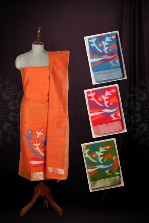 Orange Jamdani Linen Unstitched Dress Material with Resham Thread Abstract Floral Branch Motif & Gold Zari Border — 3 Piece Set