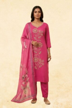 Hot Pink Roman Silk 3-Piece Kurta Set with Gold Floral Embroidery & Floral Printed Dupatta