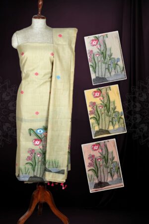 Light Yellow Jamdani Linen Unstitched Dress Material with Resham Thread Floral Garden Motif & Tassel Dupatta — 3 Piece Set