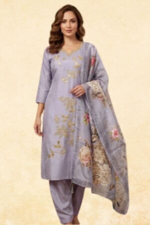 Lavender Roman Silk 3-Piece Kurta Set with Gold Floral Embroidery & Floral Printed Dupatta