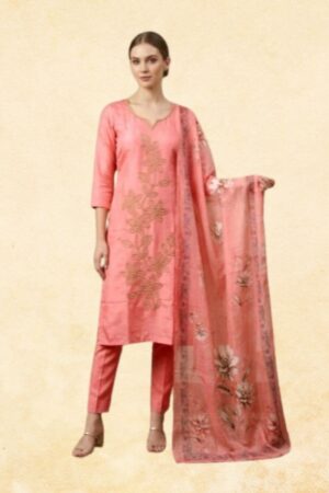 Peach Roman Silk 3-Piece Kurta Set with Gold Floral Embroidery & Floral Printed Dupatta