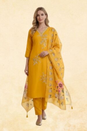 Mustard Yellow Roman Silk 3-Piece Kurta Set with Gold Thread Embroidery & Floral Printed Dupatta