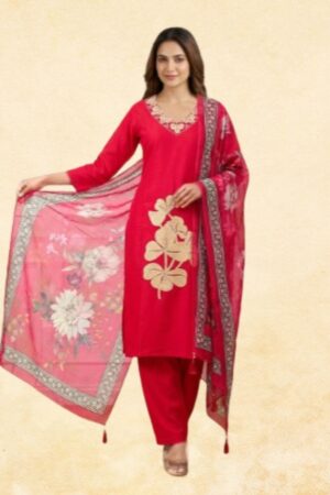 Red Roman Silk 3-Piece Kurta Set with Gold Floral Embroidery & Floral Printed Dupatta