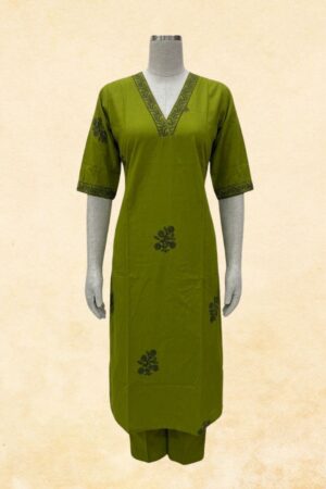 Olive Green Floral Booti Straight Kurta with Pant | 2-Piece Women's Ethnic Co-ord Set