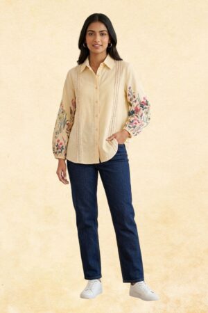 Butter Yellow Floral Embroidered Shirt Top — Women's Boho Sleeve Embroidery Button-Down Tunic