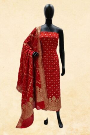 Deep Red Banarasi Silk Zari Work Unstitched Dress Material with Gold Zari Woven Border Dupatta