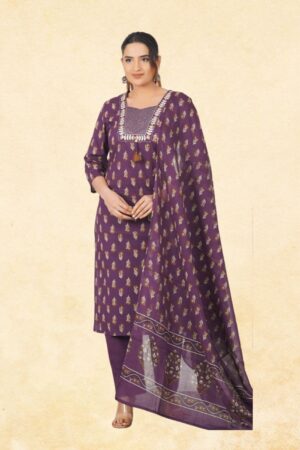 Deep Purple Pure Cotton 3-Piece Block Print Kurta Set with Embroidered Yoke, Tassel Detail & Printed Dupatta