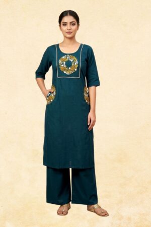 Teal Blue Dabu Cotton 2-Piece Kurta Palazzo Set with Mustard Circular Wreath Floral Embroidery & Pocket Detail