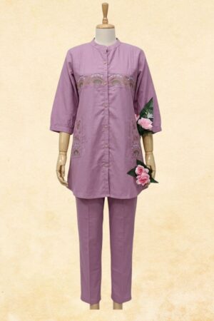 Lavender Purple Embroidered Button-Down Tunic with Straight Trouser | 2-Piece Women's Ethnic Co-ord Set