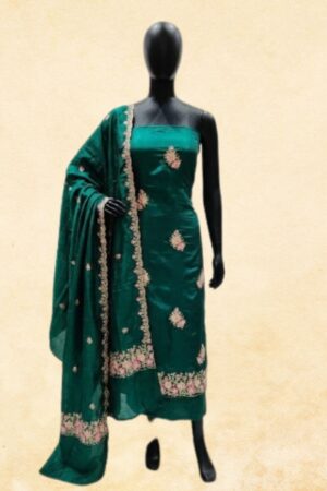 Dark Green Vichitra Silk Embroidered Unstitched Dress Material with Dupatta — Floral Threadwork Salwar Suit Fabric