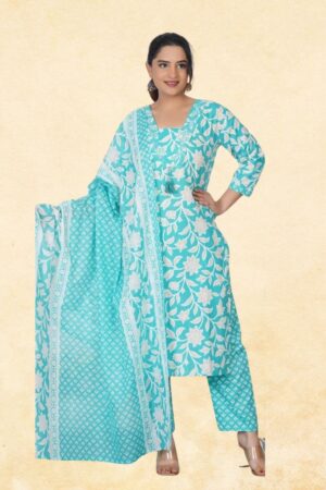 Aqua Teal Pure Cotton 3-Piece Block Print Kurta Set with Bold White Floral Print, Tassel Detail & Printed Dupatta