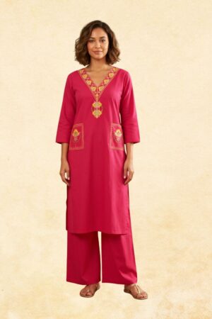 Magenta Dabu Cotton 2-Piece Kurta Palazzo Set with Multicolor Floral V-Neck Embroidery & Embroidered Patch Pockets