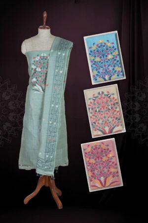 Sage Green Jamdani Linen Unstitched Dress Material with Resham Thread Tree of Life Motif & Woven Border Dupatta — 3 Piece Set