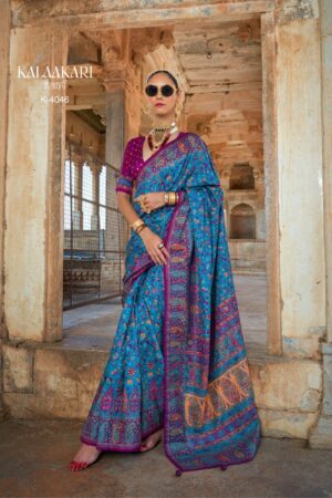 Kalaakari  Designer Patola Silk Saree – Teal Blue All-Over Paisley Printed Traditional Saree Set