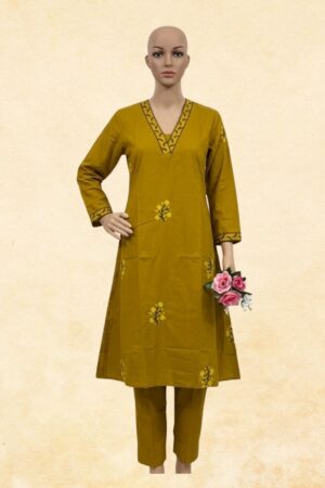 Mustard Yellow Floral Booti Embroidered A-Line Kurta with Slim Pant | 2-Piece Women's Ethnic Co-ord Set