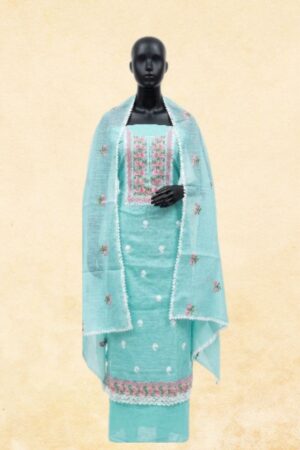 Sky Blue Kota Fabric Embroidered Unstitched Dress Material — Floral Resham Work Salwar Suit with Lace Border Dupatta