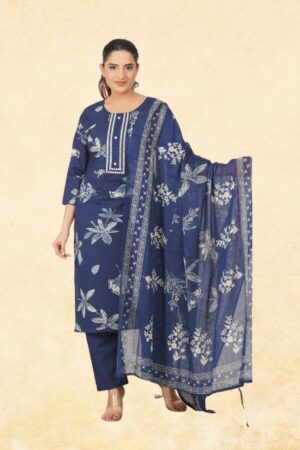 Navy Blue Pure Cotton 3-Piece Botanical Block Print Kurta Set with Lace Placket Detail & Floral Printed Dupatta