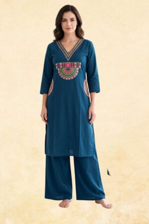 Teal Blue Dabu Cotton 2-Piece Kurta Palazzo Set with Kutch Style Multicolor Mirror Work Embroidery & Circular Pocket Detail