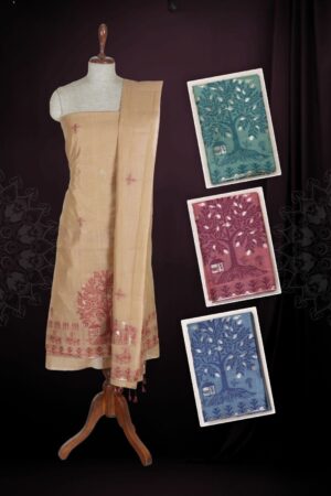 Beige Jamdani Linen Unstitched Dress Material with Resham Thread Village Tree & Elephant Scene Motif & Gold Zari Border — 3 Piece Set