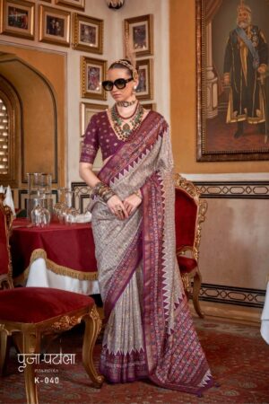 Puja Patola Silk Saree – Silver Grey Patola Weave Traditional Saree Set