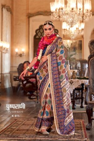 Pushp-Rani  Designer Patola Silk Saree – Royal Blue Multicolor Floral Medallion Printed Saree Set