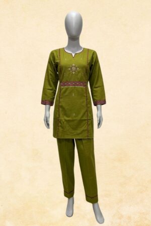 Olive Green Embroidered Kurta with Straight Trouser | 2-Piece Women's Ethnic Set