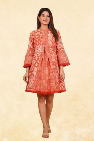 Rust Orange Patchwork Block Print Tunic Top — Women's Flared Bell Sleeve Fringe Hem Ethnic Top