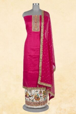 Rani Pink Cotton Unstitched Dress Material with Kalamkari Printed Bottom & Embroidered Dupatta