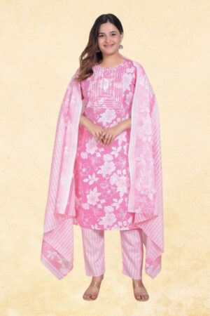 Baby Pink Pure Cotton 3-Piece Floral Block Print Kurta Set with Geometric Yoke Detail & Striped Printed Dupatta