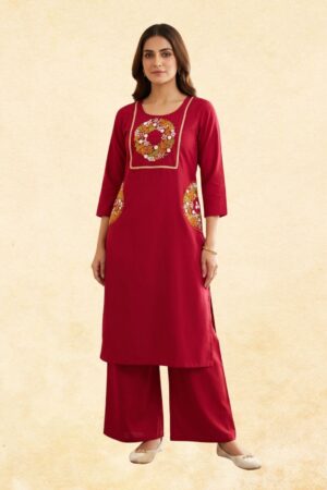 Maroon Dabu Cotton 2-Piece Kurta Palazzo Set with Multicolor Circular Wreath Floral Embroidery & Embroidered Pocket Detail